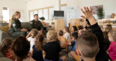 A McGraths Hill Learning Centre student raises his hand to ask questions during a visit from No 37 Squadron members, Flight Lieutenant Brendan Smith and Corporal Natashia Jorgensen. Story by Tastri Murdoch. Photo by Leading Aircraftwoman Maddison Scott.