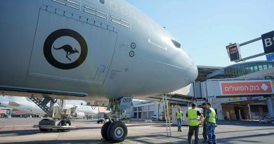 Maintenance crew from a RAAF KC-30A conduct checks on the tarmac at Ben Gurion Airport, Tel Aviv, before an assisted-departure flight to Dubai. Photos by Corporal Robert Whitmore.