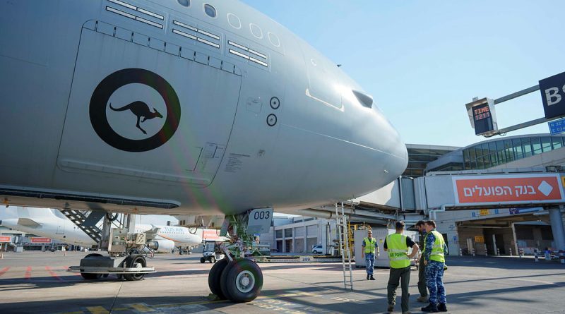 Maintenance crew from a RAAF KC-30A conduct checks on the tarmac at Ben Gurion Airport, Tel Aviv, before an assisted-departure flight to Dubai. Photos by Corporal Robert Whitmore.