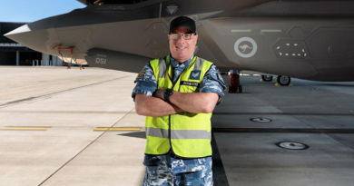 Sergeant Andrew Summers in front of a F-35A Lightning II at 2 Operational Conversion Unit, RAAF Base Williamtown, NSW. Story by Squadron Leader Bruce Chalmers. Photo by Aircraftman Kurt Lewis.