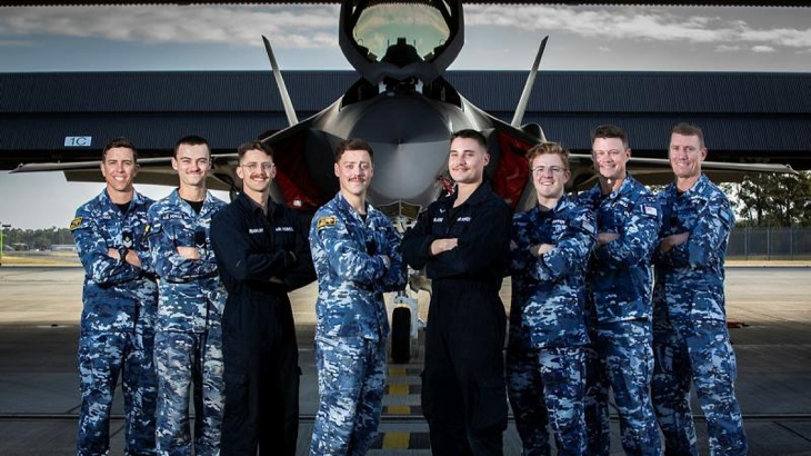 RAAF Sergeants Connor O'Neill and Ryan Pedder, 7th and 8th from left, facilitated the Building Blokes program for aviators from 2 Operational Conversion Unit at RAAF Base Williamtown. Story and photo by Corporal Melina Young.