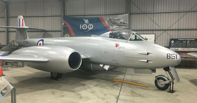 Meteor A77-851 (aka ‘Halestorm’) on display at the RAAF Williamtown Aviation Heritage Centre. Story by Flight Lieutenant Karyn Markwell and Flight Lieutenant Julia Ravell. Photo by Group Captain Peter Norford.