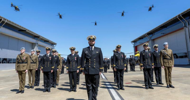 Five EC-135 helicopters conduct a fly past on completion of the Joint Helicopter School Course 012 graduation ceremony at 723 Squadron, HMAS Albatross. Photo by Petty Officer Justin Brown.