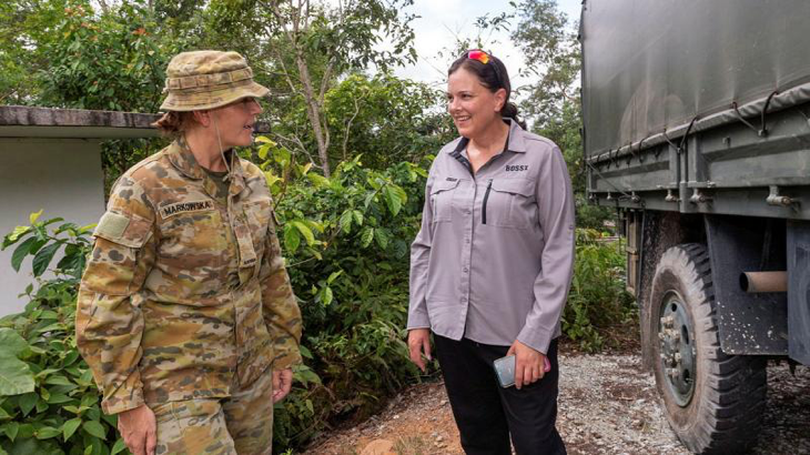 Private Kate Markowska, left, from Rotation 138 Rifle Company Butterworth, speaks with her employer Neryl Joyce, Regional Security Manager, Wilson Security, during BossX International 2023, Malaysia. Photos by Corporal Michael Currie.