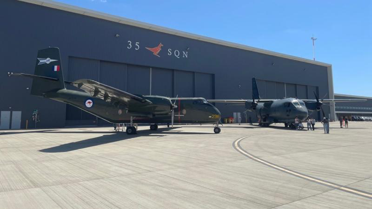 A DHC-4 Caribou aircraft, left, sits beside a C-27J Spartan aircraft from 35 Squadron at RAAF Base Amberley, Queensland. Story and photo by Flight Lieutenant Karyn Markwell