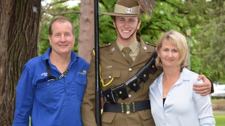 Australian Army Reserve Trooper Liam Lamb from 12th/16th Hunter River Lancers cavalry regiment prepares for the freedom of entry to Armidale on October 28 alongside his parents Professor David Lamb and Jane Lamb. Story by Lieutenant John Cranley.