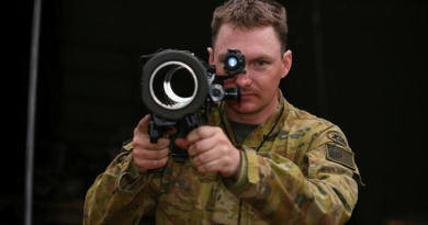 Private Kyle Franklin poses with a Mark IV 84mm Carl Gustav recoilless rifle during a Direct Fire Support Weapons course at Singleton Military Area. Story by Captain Katy Manning. Photo by Coporal Michael Currie.