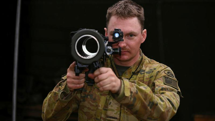 Private Kyle Franklin poses with a Mark IV 84mm Carl Gustav recoilless rifle during a Direct Fire Support Weapons course at Singleton Military Area. Story by Captain Katy Manning. Photo by Coporal Michael Currie.