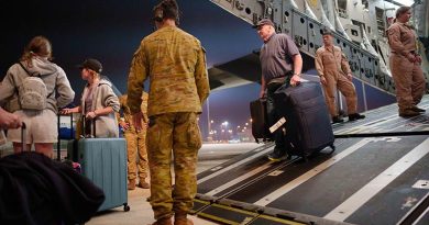 A Royal Australian Air Force C-17A Globemaster III offloads Australian citizens, their families and other approved foreign nationals from Israel after an 'assisted-departure flight' from Israel (on 15 October 2023). Photo by Corporal Robert Whitmore.