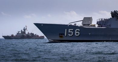 HQ-382 Tarantal-V-class ship from the Vietnam People's Navy and Royal Australian Navy's HMAS Toowoomba conduct officer-of-the-watch manoeuvres during regional presence deployment 2023 off the coast of Ho Chi Minh City. Photo by Leading Seaman Ernesto Sanchez.