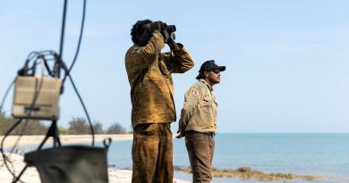 NORFORCE patrolman Corporal Frank Marrar, left, and Northern Territory Parks and Wildlife Ranger Dylan Cooper act as spotters for the Wasp AE small unmanned aerial system during a patrol of West Arnhem Land as part of Operation Resolute Rotation 5. Story and photos by Leading Seaman Jarrod Mulvihill.