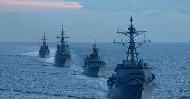 USS Rafael Peralta leads a formation sail with HMCS Ottowa, HMAS Brisbane and JS Akebono during Exercise Noble Caribou in the South China Sea. Story by Lieutenant Commander Andrew Herring. Photo from Royal Canadian Navy.