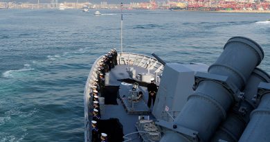 HMAS Toowoomba personnel stand at ease at the forecastle as the ship arrives at Busan Naval Base, South Korea, for Exercise Haedoli Wallaby. Photos by Leading Seaman Ernesto Sanchez.