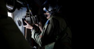 Loadmaster Corporal Mitchell Hordern of 35 Squadron photographs vessels out of a RAAF C-27J Spartan during Operation Solania. Story by Captain Peter Nugent. Photos by Leading Aircraftwoman Maddison Scott.