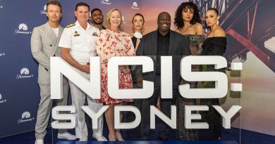Chief of Navy Vice Admiral Mark Hammond and his wife Jodi Hammond with NCIS actor Todd Lasance, and NCIS: Sydney actors, at the show's Sydney launch. Story by Lieutenant Brendan Trembath. Photo by Able Seaman Lucinda Allanson.