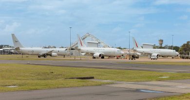 A RAAF Boeing P-8 Poseidon (left) taxis past two E-7A Wedgetails at RAAF Base Williamtown in readiness for the Air Force Newcastle Williamtown Air Show 2023. Story by Flying Officer Jamie Wallace. Photo by Leading Aircraftman Kurt Lewis.