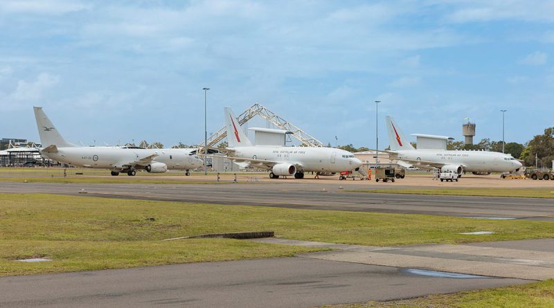 A RAAF Boeing P-8 Poseidon (left) taxis past two E-7A Wedgetails at RAAF Base Williamtown in readiness for the Air Force Newcastle Williamtown Air Show 2023. Story by Flying Officer Jamie Wallace. Photo by Leading Aircraftman Kurt Lewis.