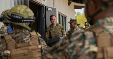 Soldiers from the 5th Battalion, the Royal Australian Regiment, and the Timor Leste Defence Force listen to a safety brief ahead of conducting an urban operations scenario at the indoor training facility at Robertson Barracks, NT. Story by Captain Annie Richardson. Photo by Sub-Lieutenant Chloe Reay.