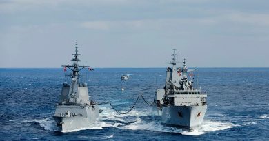 HMAS Stalwart’s embarked MH-60R helicopter ‘Boomerang’ conducts a vertical replenishment while the ship conducts a replenishment at sea with HMAS Brisbane. Story by Lieutenant Max Logan. Photos by Leading Seaman Daniel Goodman.