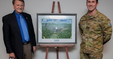 Garry Cooper and Commanding Officer 4 Squadron Wing Commander Steven Duffy unveil a painting commissioned by aviation artist Ivan Berryman at 4 Squadron, RAAF Base Williamtown, NSW. Story by Flying Officer Jamie Wallace. Photos: Leading Aircraftman Kurt Lewis.