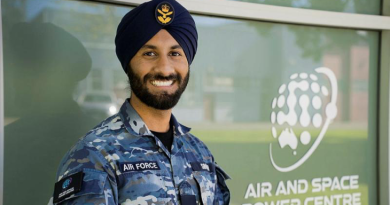 FLTLT Inderbir Singh outside the Air and Space Power centre in Fairbairn, Canberra. Story and photo by Cassandra Bowers.