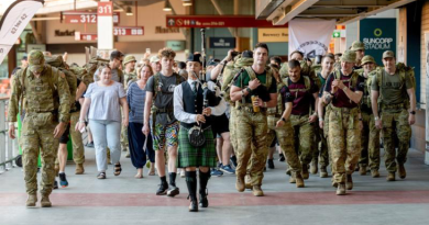 A piper leads the participants at the start of the 8th annual 42 for 42 event at Suncorp Stadium in Brisbane. Story by A piper leads the participants at the start of the 8th annual 42 for 42 event at Suncorp Stadium in Brisbane. Story by Private Nicholas Marquis. Photo: Warrant Officer Class Two Kim Allen.