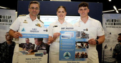 From left, Deputy Chief of Navy Rear Admiral Jonathan Earley, Leading Seaman Mara Johnsen and Able Seaman Quinn Beggs at the launch of the Navy Mastery Career Pathways during Indo-Pacific 2023 International Maritime Exposition in Sydney. Story by Lieutenant Rebecca Williamson. Photo by Leading Seaman Iggy Roberts.