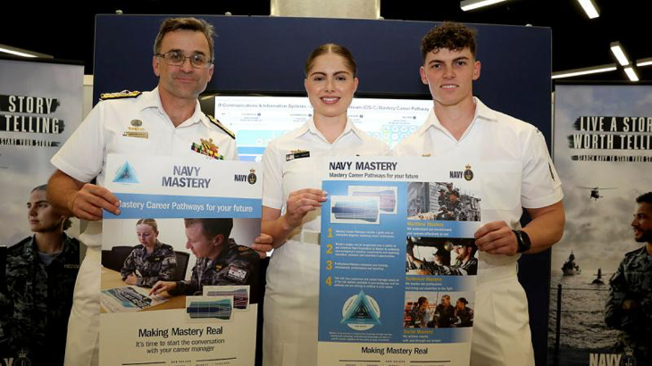 From left, Deputy Chief of Navy Rear Admiral Jonathan Earley, Leading Seaman Mara Johnsen and Able Seaman Quinn Beggs at the launch of the Navy Mastery Career Pathways during Indo-Pacific 2023 International Maritime Exposition in Sydney. Story by Lieutenant Rebecca Williamson. Photo by Leading Seaman Iggy Roberts.