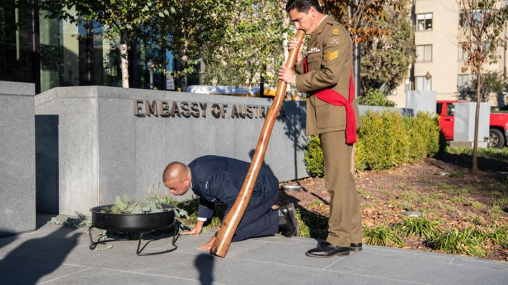 Australian Army soldier Sergeant Lachlan Youll plays the didgeridoo at the opening of the The Australian Embassy in Washington DC. Story by Captain Katy Manning.