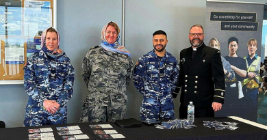 Sergeant Brodie Stewart, left, Chief Petty Officer Sarah Lindsay, Flight Lieutenant Abdul Khan and Chaplin Darren Cronshaw engage with community members at the Melbourne Grand Mosque. Story by By Flight Lieutenant Abdul Khan.