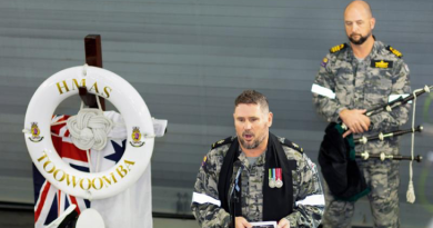 Navy Chaplain Bradley Galvin addresses HMAS Toowoomba ship’s company as they commemorate Remembrance Day in the East China Sea during a regional presence deployment. Story by Lieutenant Commander Kieran Davis. Photo by Leading Seaman Ernesto Sanchez.