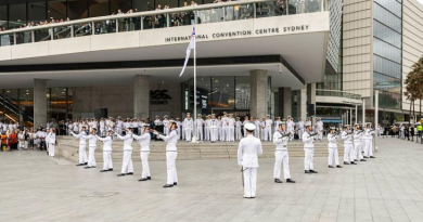 Members from Australia’s Federation Guard prepare for a ceremonial sunset during the Sea Power Conference closing ceremony in Sydney. Story by Lieutenant Commander Ben Willee. Photo by Able Seaman Lucinda Allanson.