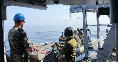 ADV Cape Capricorn's seaboat is recovered with the help of Private Crosher under the guidance of the davit operator, Leading Seaman Matthew Anderson, during a sea-experience day.