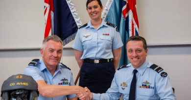 (L-R) Commander Air Force Training Group Air Commodore David Strong, Commanding Officer Institute of Aviation Medicine Wing Commander Riannon Quemard and Commander Air Warfare Centre Air Commodore Adrian Maso during the transfer of command ceremony at RAAF Base Edinburgh, South Australia. Story by Flight Lieutenant Nick O’Connor.