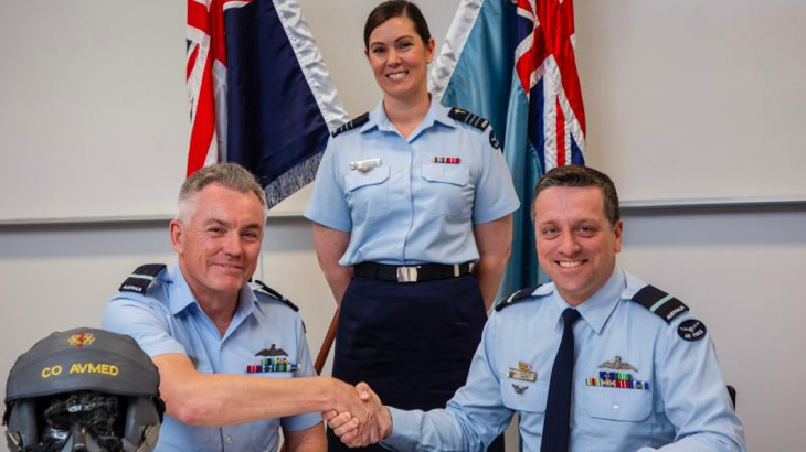 (L-R) Commander Air Force Training Group Air Commodore David Strong, Commanding Officer Institute of Aviation Medicine Wing Commander Riannon Quemard and Commander Air Warfare Centre Air Commodore Adrian Maso during the transfer of command ceremony at RAAF Base Edinburgh, South Australia. Story by Flight Lieutenant Nick O’Connor.