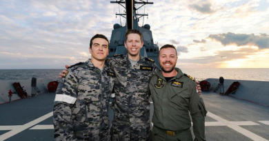 From left, Able Seaman Hayden Beaver, Lieutenant Ben Page and Lieutenant Commander Matthew Urquhart on the forecastle of HMAS Brisbane during Exercise Annualex. Story and photo by Leading Seaman Daniel Goodman.