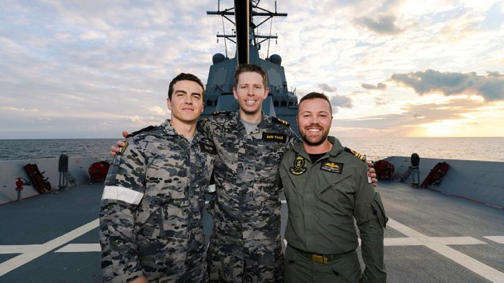 From left, Able Seaman Hayden Beaver, Lieutenant Ben Page and Lieutenant Commander Matthew Urquhart on the forecastle of HMAS Brisbane during Exercise Annualex. Story and photo by Leading Seaman Daniel Goodman.