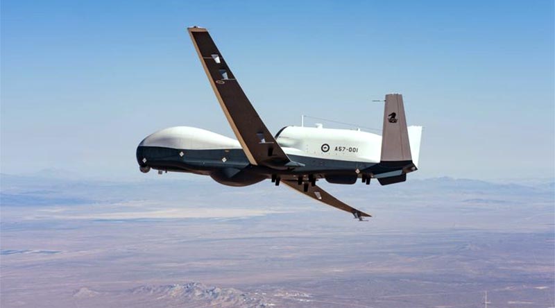The Royal Australian Air Force's first MQ-4C Triton on its maiden flight in the US. Photo supplied by Northrop Grumman.
