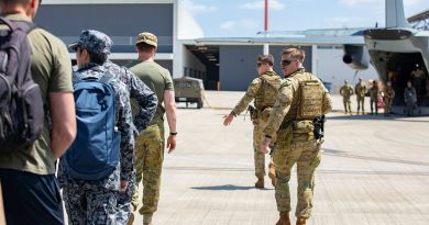 Personnel from 2 Security Forces Squadron take part in an aircraft security operations course on the flightline at RAAF Base Amberley, Queensland. Story by Flight Lieutenant Greg Hinks. Photo by Leading Aircraftwoman Taylor Anderson.