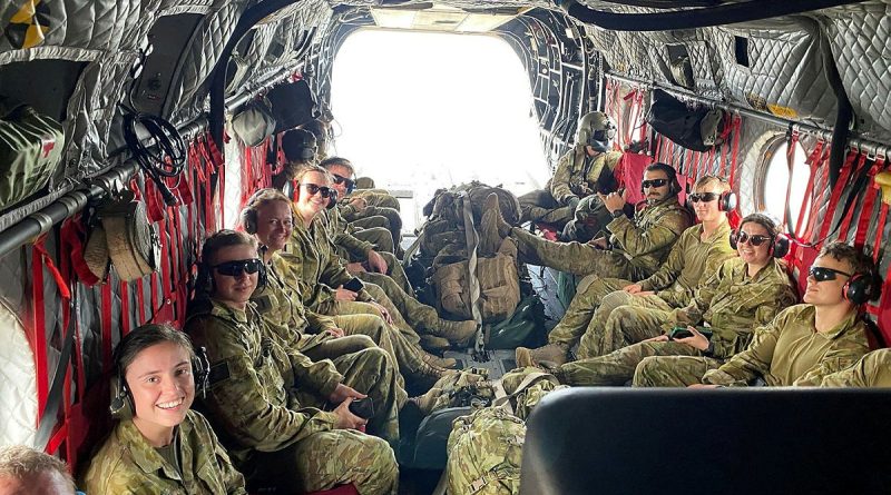 Australian Army soldiers conduct a troop lift on a CH-47F Chinook from 5th Aviation Regiment, in support of 31st/42nd Battalion, The Royal Queensland Regiment's Exercise Burghala Bull in Central Queensland. Story by Sergeant Matthew Bickerton.