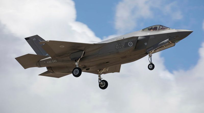 An F-35A Lightning II arriving at RAAF Base Townsville ready to participate in Exercise High Sierra. Story by Flight Lieutenant Rob Hodgson. Photo by Corporal Brett Sherriff.