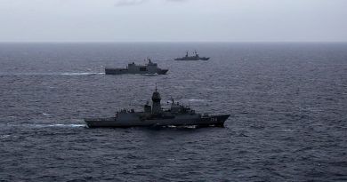 Philippine Navy ships BRP Davao Del Sur, centre, and BRP Gregorio Del Pilar, back, conduct a maritime cooperative activity with HMAS Toowoomba during a regional presence deployment. Story by Squadron Leader Bel Culley.