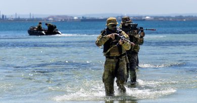 Australian and Indian soldiers manoeuvre from Zodiac watercraft on to a beach at Garden Island in Western Australia as part of a training activity during Exercise Austrahind 2023. Story by Major Sandra Seman-Bourke. Photos by Sergeant McAneney.