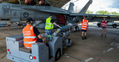 Armament technicians from 1 Squadron load a GBU-16 on to an F/A-18F Super Hornet at RAAF Base Tindal during Exercise Crimson Dawn 23-2. Story by Pilot Officer Shanea Zeegers. Photo by Sergeant David Gibbs.