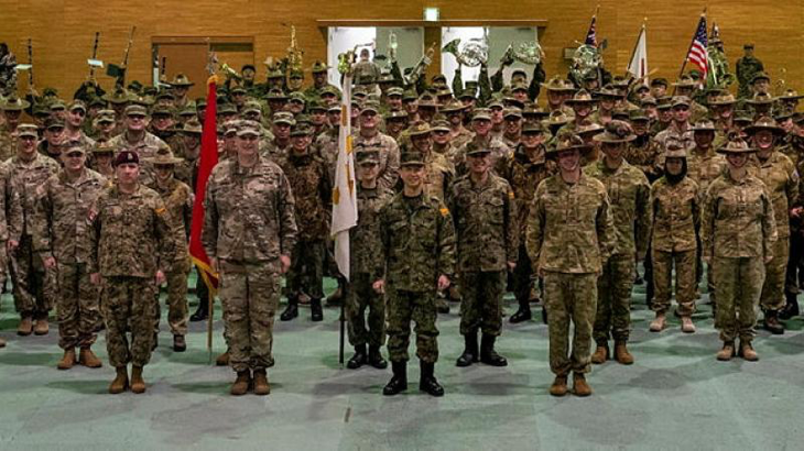 Australian Army, United States Army and Japan Ground Self-Defense Force personnel at the opening ceremony of Exercise Yama Sakura 85.