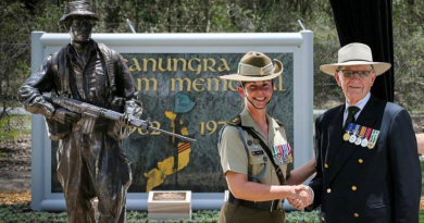 Lieutenant Colonel Wendy Say with veteran and founder of the Kokoda Youth Foundation Doug Henderson in front of the new Canungra Vietnam Memorial at Kokoda Barracks in Queensland. Story by Major Carolyn Barnett. Photo by Private Andrew Shaw.