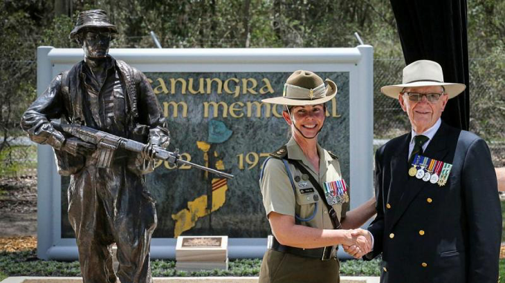 Lieutenant Colonel Wendy Say with veteran and founder of the Kokoda Youth Foundation Doug Henderson in front of the new Canungra Vietnam Memorial at Kokoda Barracks in Queensland. Story by Major Carolyn Barnett. Photo by Private Andrew Shaw.