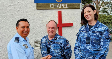 From left, Wing Commander Ivan Benitez-Aguirre, Group Captain John Carroll and Flight Lieutenant Laura Dahl at the entrance to the newly reopened RAAF Base Glenbrook chapel. Story by Flight Lieutenant Katrina Thomasson.