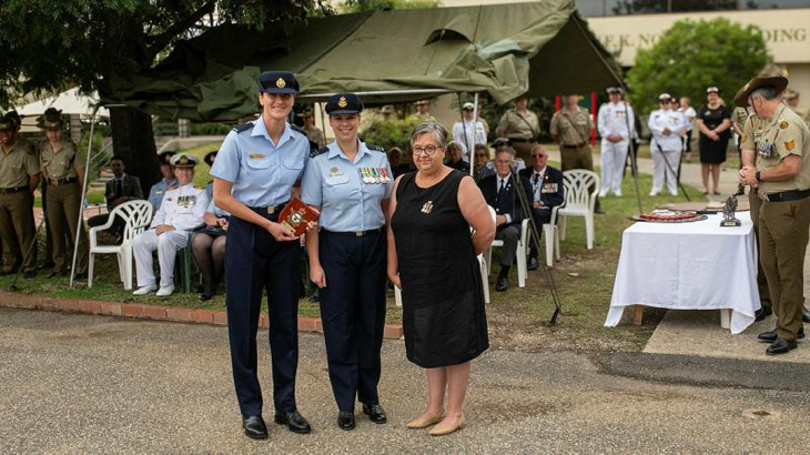 RAAF Aircraftwoman Eloise Hiller-Stanbrook (left) receiving the Sergeant Wendy Jones award from Flight Lieutenant Brook Steege (middle) and Alison Meade at the Army School of Health graduation at Latchford Barracks. Story by Corporal Luke Bellman. Photo by Lance Corporal Tyson Grant.