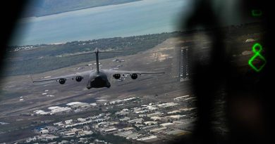 View from a United States Air Force C-17A Globemaster III cockpit of a Royal Australian Air Force C-17A about to conduct an assault landing at RAAF Base Townsville during Exercise Global Dexterity 23-2. Photo by Senior Airman Mackenzie Cooper.